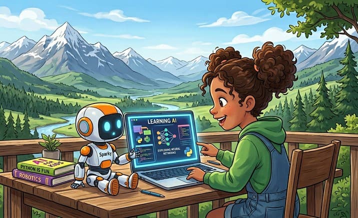 A child exploring AI on a laptop with a friendly robot
